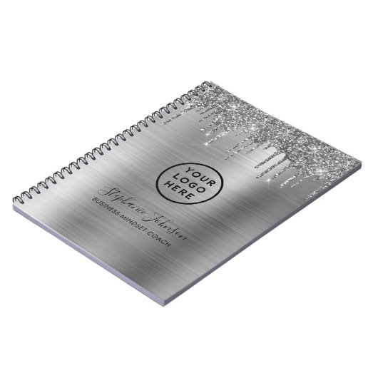 Uw Logo Elegant Silver Metallic Glitter Drip Notitieboek (Linkerzijde)