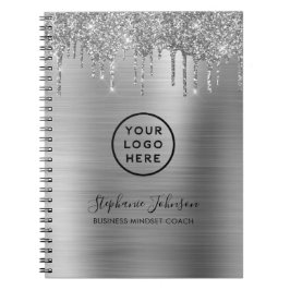 Uw Logo Elegant Silver Metallic Glitter Drip Notitieboek
