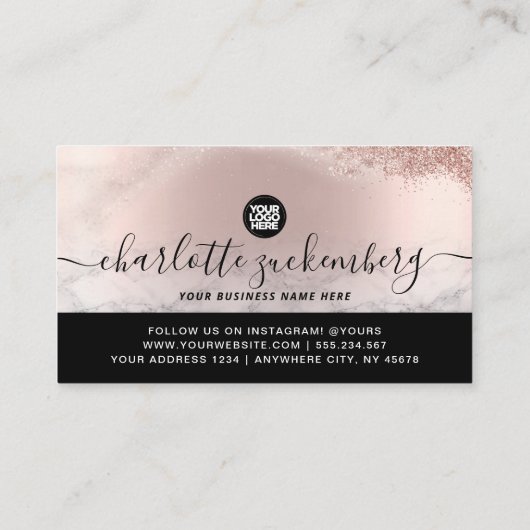 Uw logo Glitter Roos goud elegant script marmer Visitekaartje (Achterkant)