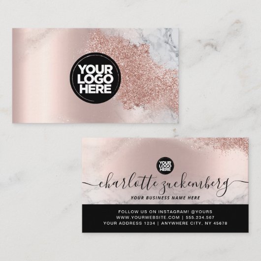 Uw logo Glitter Roos goud elegant script marmer Visitekaartje (Voorkant / Achterkant)