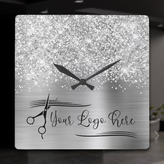 Uw Logo Glitterig Zilver Glam Vierkante Klok