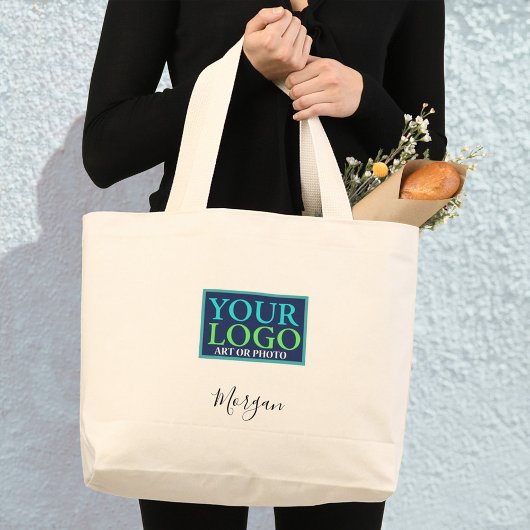 Uw Logo/kunst/foto, zwarte scriptnaam Grote Tote Bag