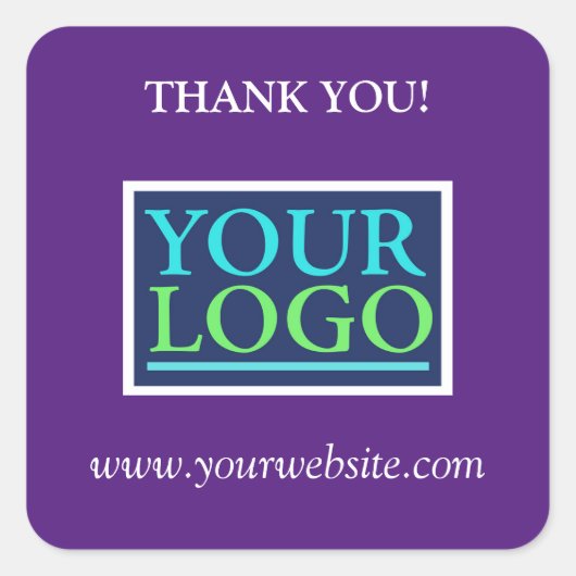 Uw logo, naam en website promo, paars vierkante sticker (Voorkant)