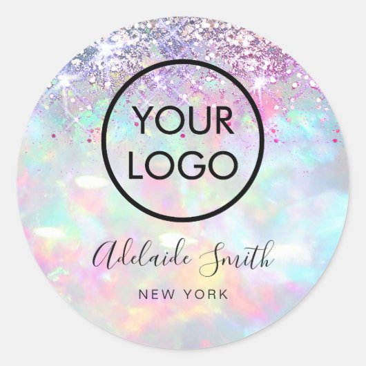 Uw logo op faux glitter opal ronde sticker (Voorkant)