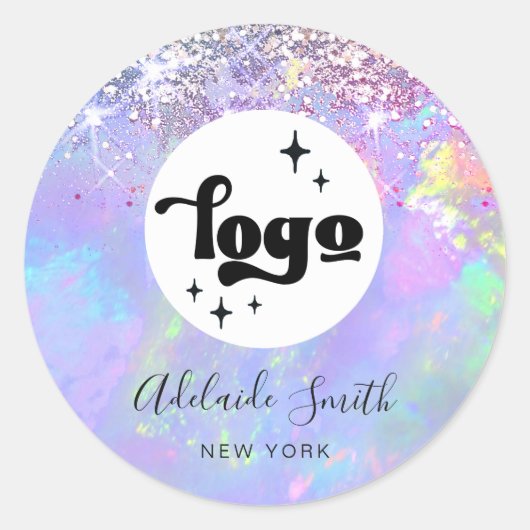 Uw logo op faux glitter opal ronde sticker (Voorkant)