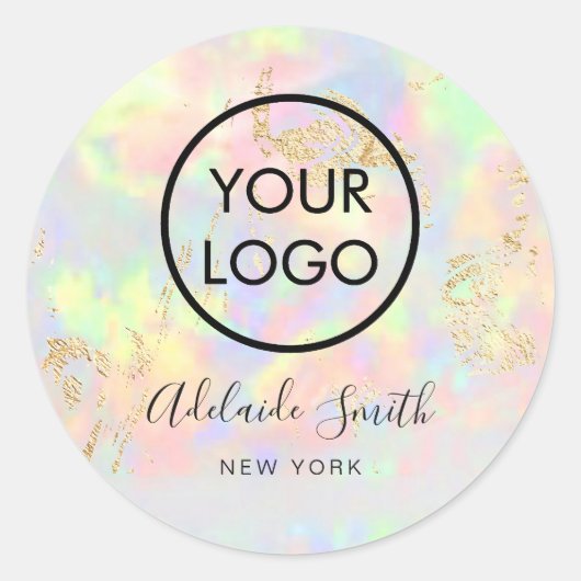 Uw logo op faux iriscent opal ronde sticker (Voorkant)