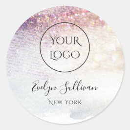 Uw logo op paarse glitter waterverf ronde sticker