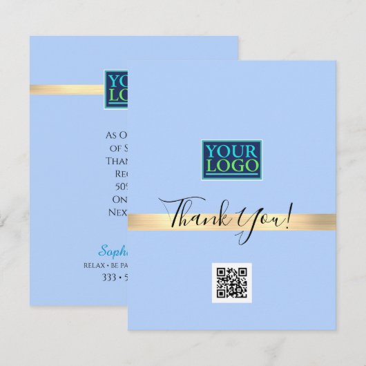 Uw Logo QR-codebusnaam, Gold Stripe Light Blue Bedankkaart (Voorkant / Achterkant)