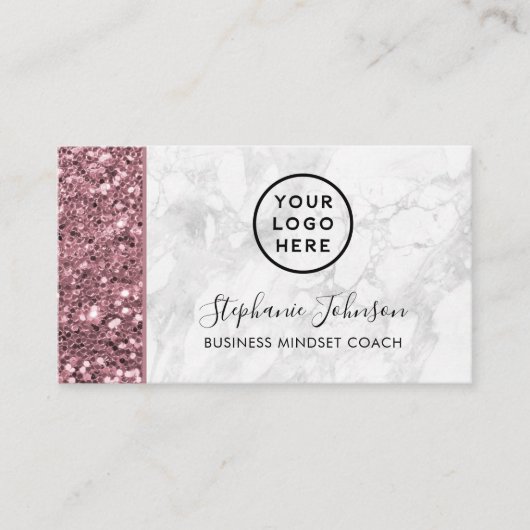 Uw Logo Roos Goud Roze Glitter Wit Marmer Visitekaartje (Voorkant)