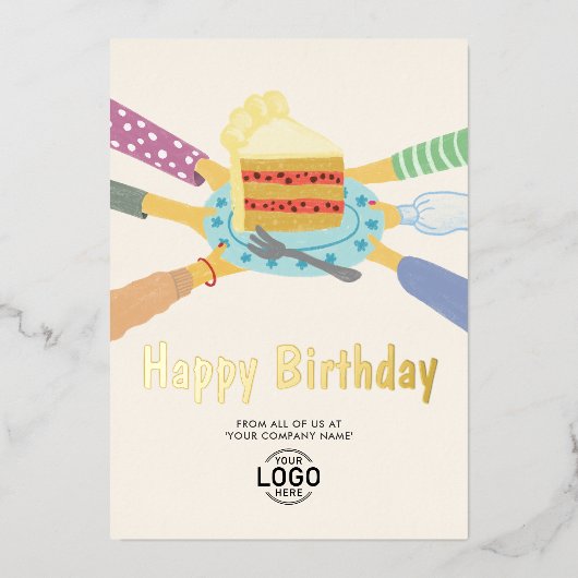 Uw Logo Schattigee taart van al bedrijfsverjaardag Folie Uitnodiging (Voorkant)