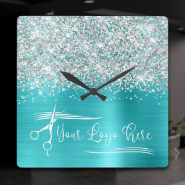 Uw Logo Silver Glitter Turquoise Blue Glam Vierkante Klok