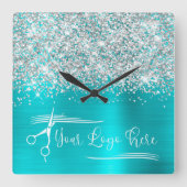 Uw Logo Silver Glitter Turquoise Blue Glam Vierkante Klok (Voorkant)
