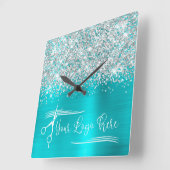 Uw Logo Silver Glitter Turquoise Blue Glam Vierkante Klok (Hoek)