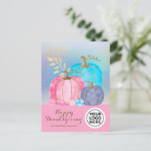 Uw Logo Thanksgiving Roze Pompoen Feestdagenkaart (Staand voorkant)