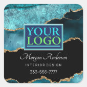 Uw Logo, zakelijke DIY, Blauwgroen zwart-wit & gou Vierkante Sticker (Voorkant)