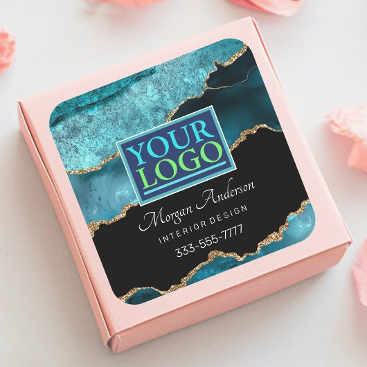 Uw Logo, zakelijke DIY, Blauwgroen zwart-wit & gou Vierkante Sticker