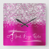 Uw Logo Zilver Glitter Heet Roze Glam Vierkante Klok (Voorkant)