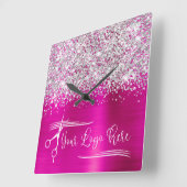 Uw Logo Zilver Glitter Heet Roze Glam Vierkante Klok (Hoek)