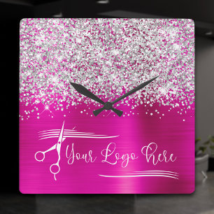 Uw Logo Zilver Glitter Heet Roze Glam Vierkante Klok