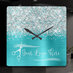 Uw Logo Zilver Glitter Turquoise Blauwe Glam Vierkante Klok