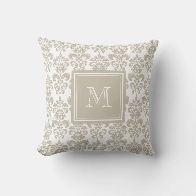 Uw monogram, Beige Damask Patroon 2 Kussen (Voorkant)