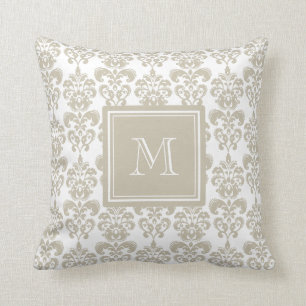 Uw monogram, Beige Damask Patroon 2 Kussen