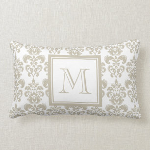 Uw monogram, Beige Damask Patroon 2 Kussen