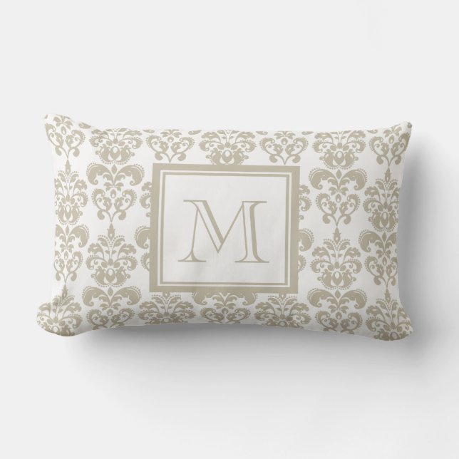 Uw monogram, Beige Damask Patroon 2 Kussen (Voorkant)