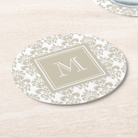 Uw monogram, Beige Damask Patroon 2 Ronde Kartonnen Onderzetter (Gebogen)