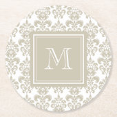 Uw monogram, Beige Damask Patroon 2 Ronde Kartonnen Onderzetter (Voorkant)