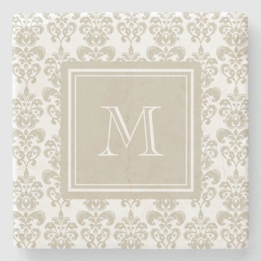 Uw monogram, Beige Damask Patroon 2 Stenen Onderzetter (Voorkant)