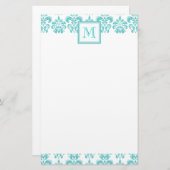 Uw monogram, Blauwgroen Damascus Patroon 2 Briefpapier (Voorkant / Achterkant)