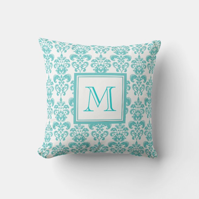 Uw monogram, Blauwgroen Damascus Patroon 2 Kussen (Voorkant)