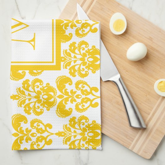Uw monogram, Geel Damaspatroon 2 Theedoek (Quarter Fold)