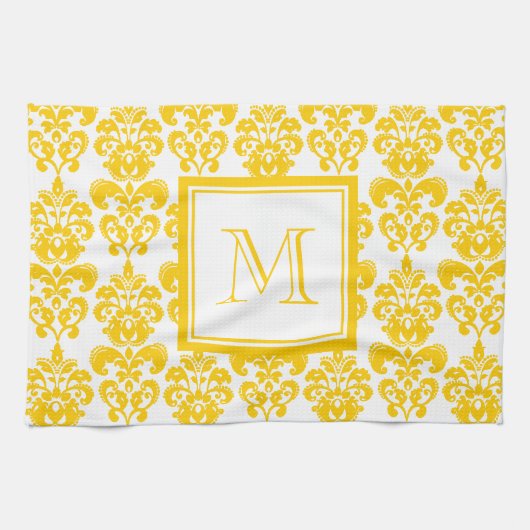 Uw monogram, Geel Damaspatroon 2 Theedoek (Horizontaal)