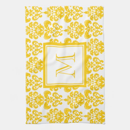 Uw monogram, Geel Damaspatroon 2 Theedoek (Verticaal)