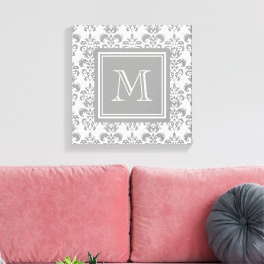 Uw monogram, grijs Damascus Patroon 2 Canvas Afdruk (Insitu (Woonkamer))
