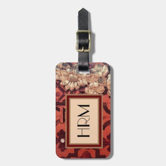 Uw monogram, Inset Wood en Gold Floral afbeelding Bagagelabel (Voorkant verticaal)