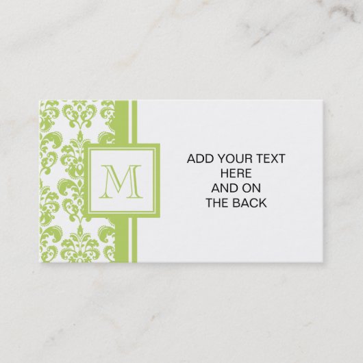 Uw monogram, lichtgroen Damaspatroon 2 Visitekaartje (Voorkant)