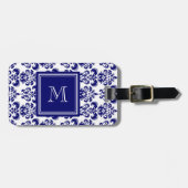 Uw monogram, Navy Blue Damask Pattern 2 Bagagelabel (Voorkant horizontaal)