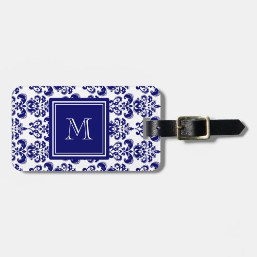 Uw monogram, Navy Blue Damask Pattern 2 Bagagelabel (Voorkant horizontaal)
