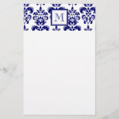 Uw monogram, Navy Blue Damask Pattern 2 Briefpapier (Voorkant)