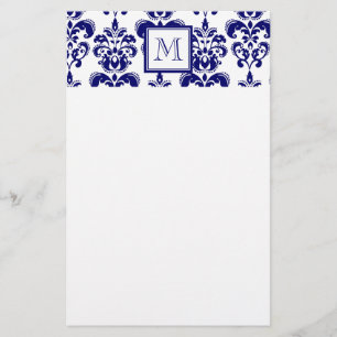 Uw monogram, Navy Blue Damask Pattern 2 Briefpapier