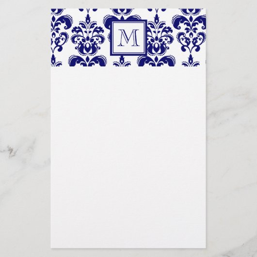 Uw monogram, Navy Blue Damask Pattern 2 Briefpapier (Voorkant)