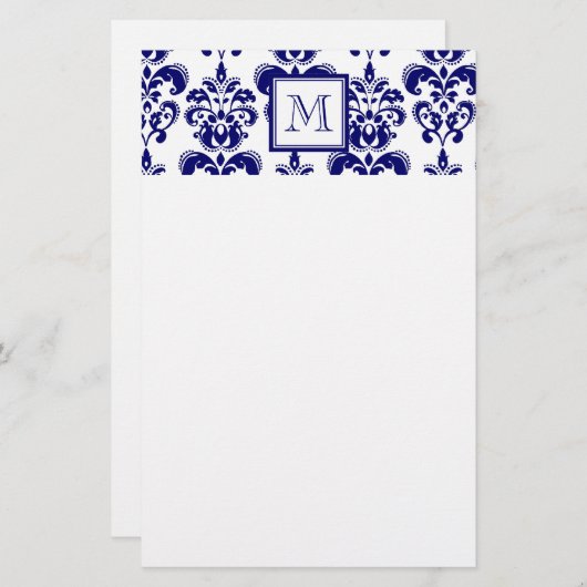 Uw monogram, Navy Blue Damask Pattern 2 Briefpapier (Voorkant / Achterkant)