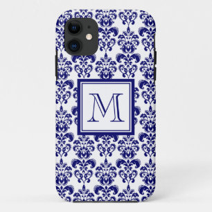 Uw monogram, Navy Blue Damask Pattern 2 iPhone 11 Hoesje