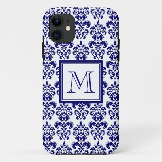 Uw monogram, Navy Blue Damask Pattern 2 Case-Mate iPhone Case (Achterkant)