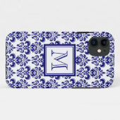 Uw monogram, Navy Blue Damask Pattern 2 Case-Mate iPhone Case (Achterkant (horizontaal))