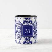 Uw monogram, Navy Blue Damask Pattern 2 Mok (Midden)