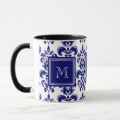 Uw monogram, Navy Blue Damask Pattern 2 Mok (Links)